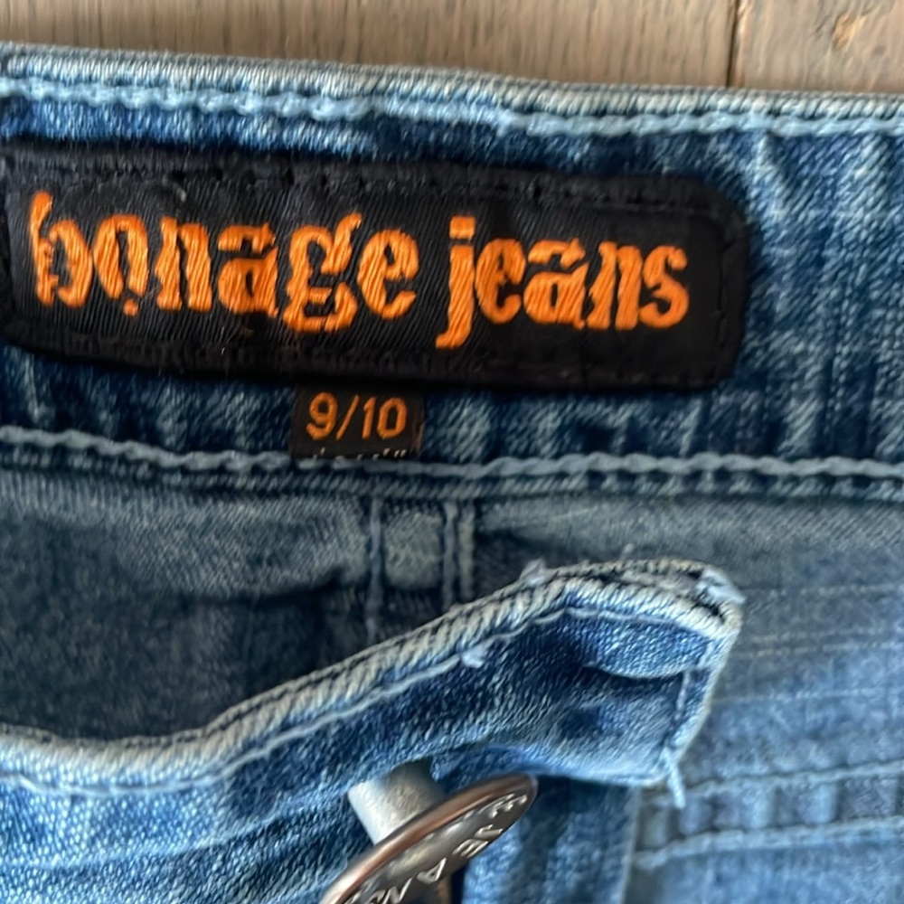 Bonage Jeans Distressed Sequin Denim Mini Skirt Patchwork Low Rise Stretchy 9/10 - Picture 12 of 16